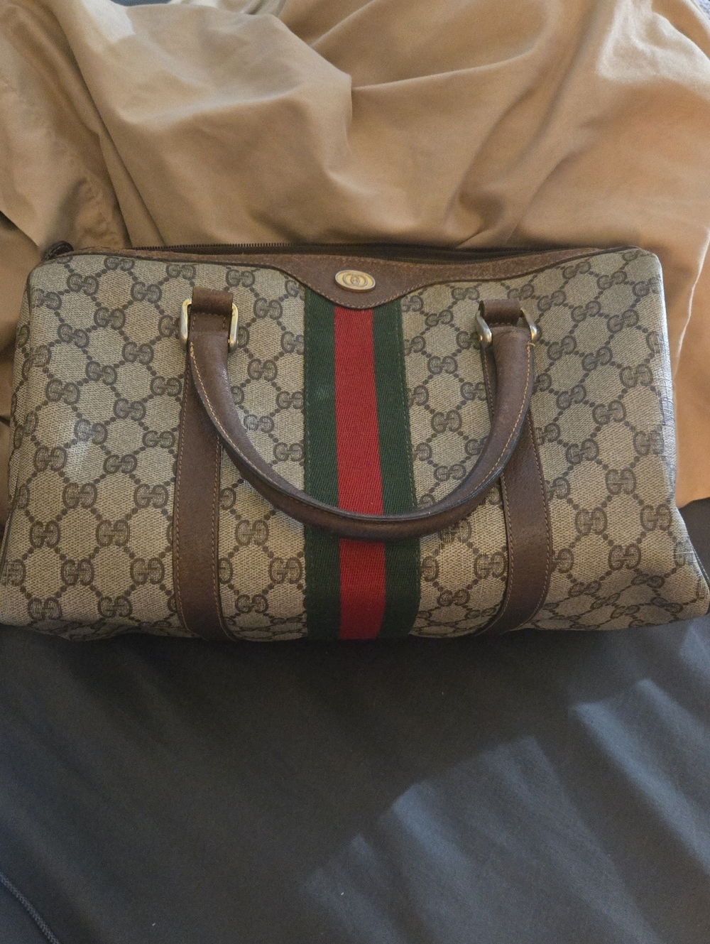COMING SOON!  Gucci Brown GG Canvas Satchel with Green and Red Web Stripe